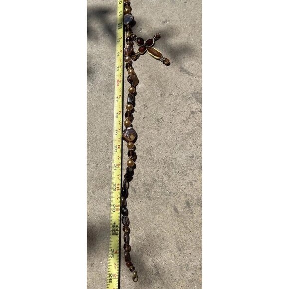 Vintage Religious Cross Brown Round Glass Bead Stone Women’s Sz 26” Pendant - Picture 6 of 12